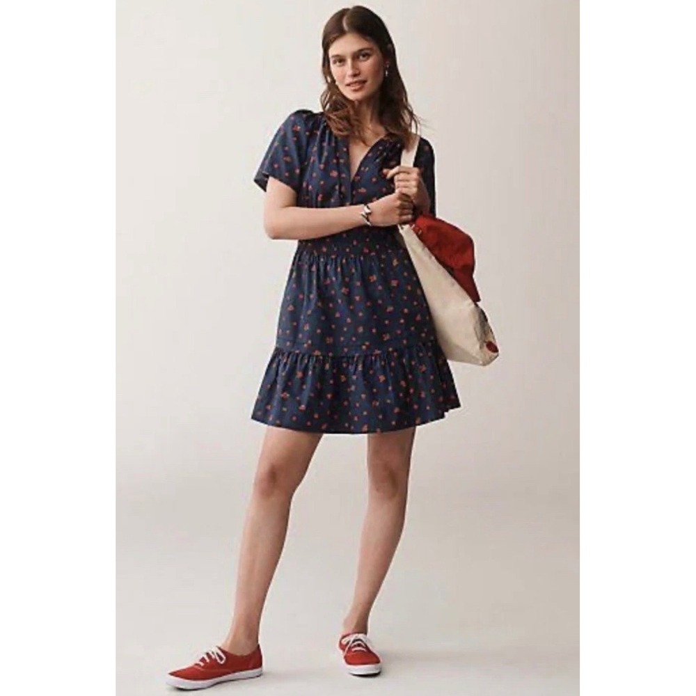 Anthropologie Somerset Mini Dress Small Navy Blue Strawberry Smock Tiered Cotton